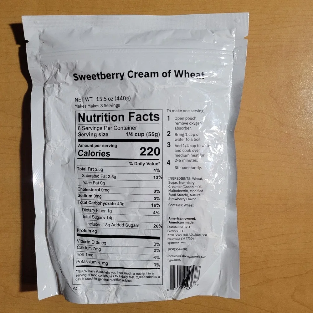4Patriots Sweetberry Creamy Wheat Mix Survival Emergency Food 8 servings